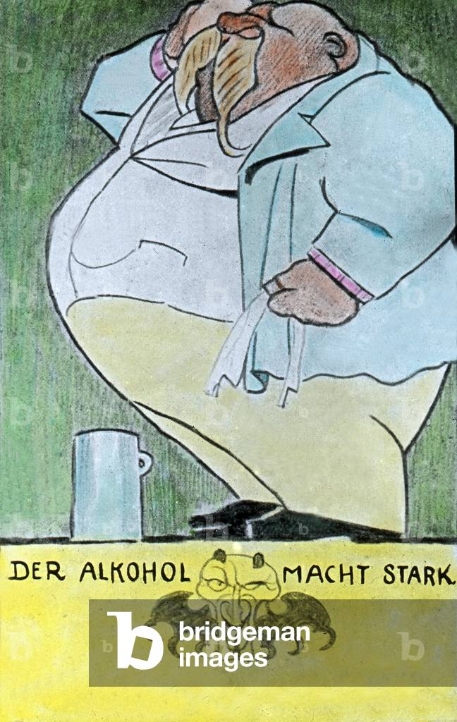 L'alcool rend fort (allegorie d'un homme obese, avec a ses pieds un verre vide) - alcoholism - Alcohol makes you strong ! - ironic motto - caricature, image date cira 1920. Carl Simon Archive