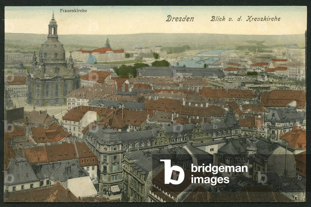 Germany, Saxony, Dresden, view over the rooftops to the Church of our Lady, postcard by Carl Doege, sent 1909