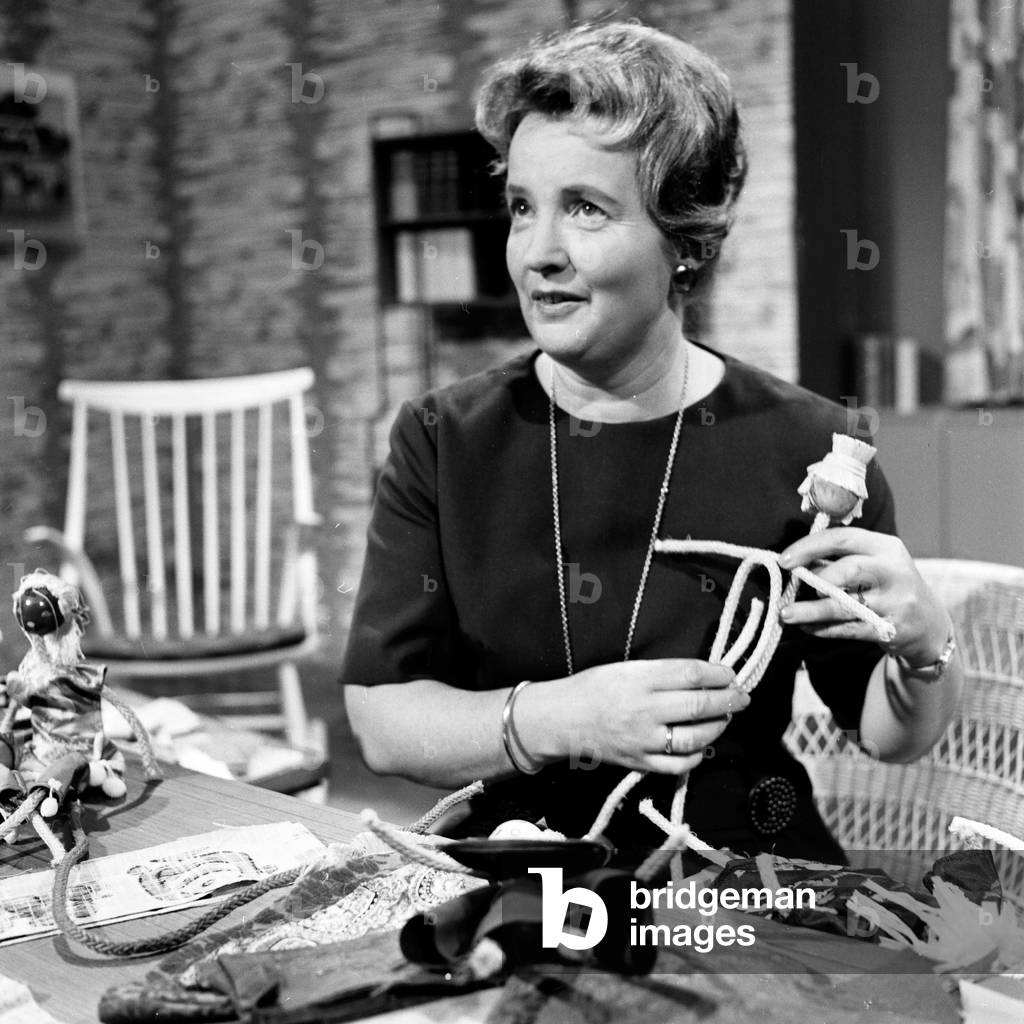 Mrs Schulze in a handicraft show for chilren's television of German TV station NDR at Hamburg, Germany 1960s
