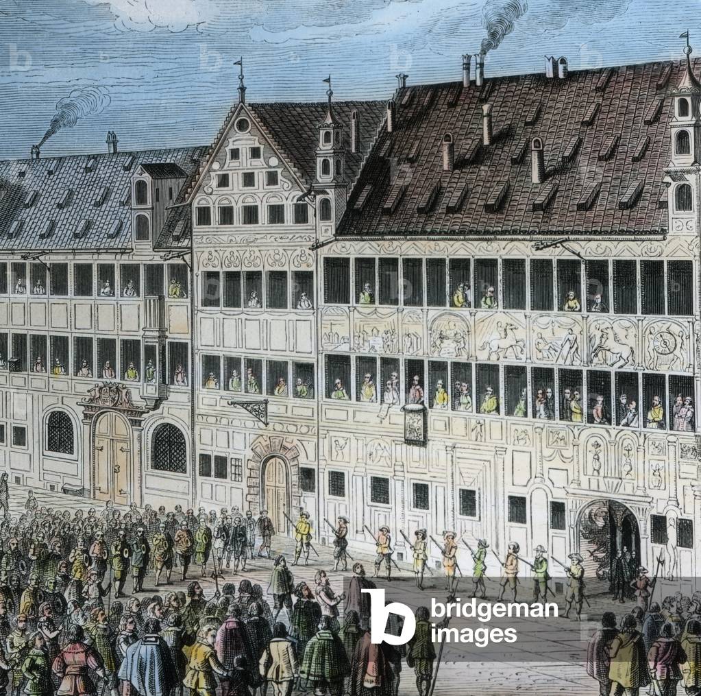 In front of the Fugger house on the Weinmarkt in the city of Augsburg the people render hommage to Swedish king Gustav Adolf