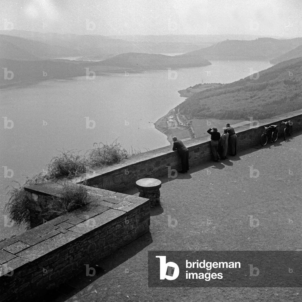 Panorama view from Waldeck castle to lake Edersee in Hesse, Germany 1930s (b/w photo)
