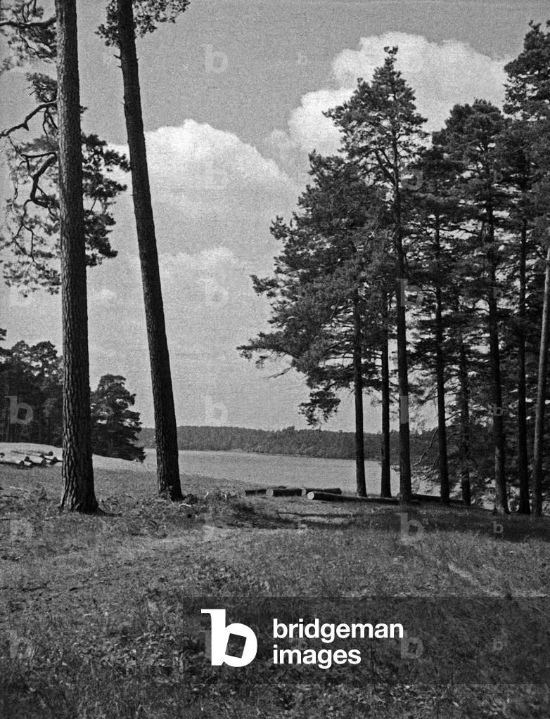 The landscape near Beldahn lake in Masuria, East Prussia, 1930s (b/w photo)
