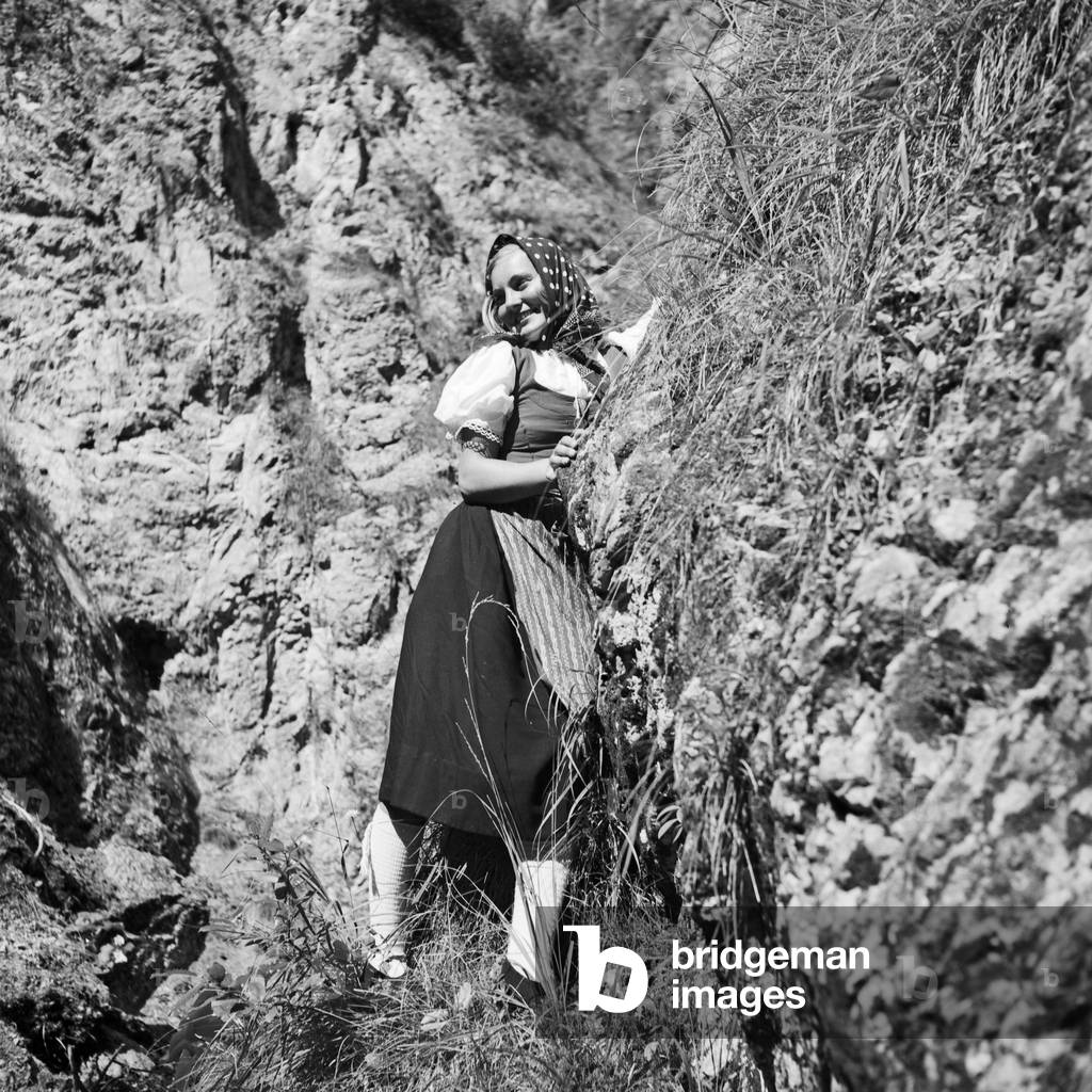 A young woman climbing on a mountain in the Wachau area in Austria, Germany 1930s (b/w photo)