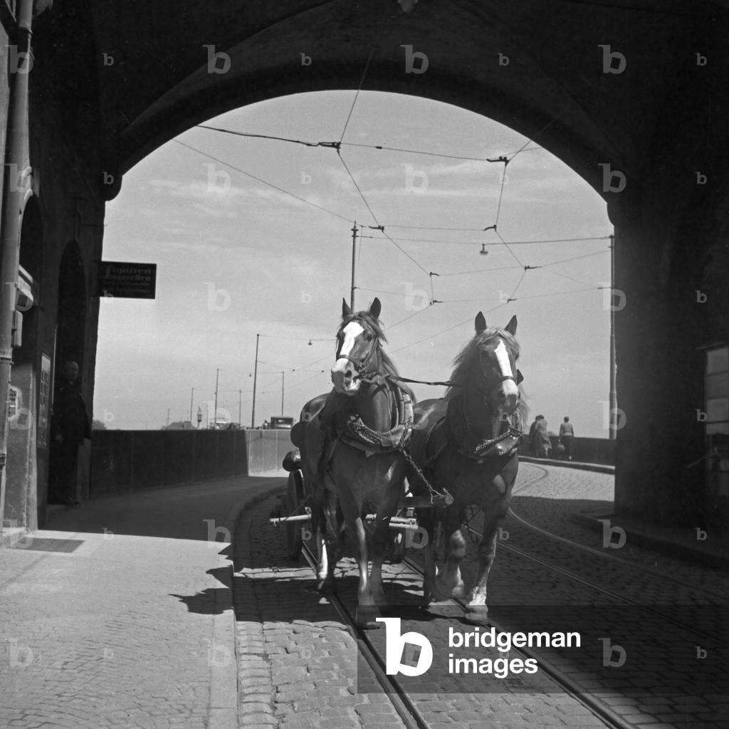 Horse carriage on a brodge over river Danube at Regensburg, Germany 1930s (b/w photo)