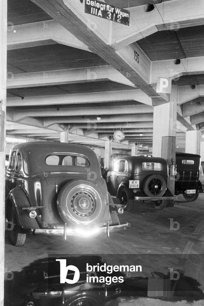 Parked cars in a car park in Stuttgart, Germany 1930s (b/w photo)