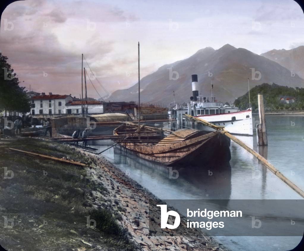View to Monte Legnone mountain and the old fishing harbour of the municipality of Colico on Lake Como in Northern Italy