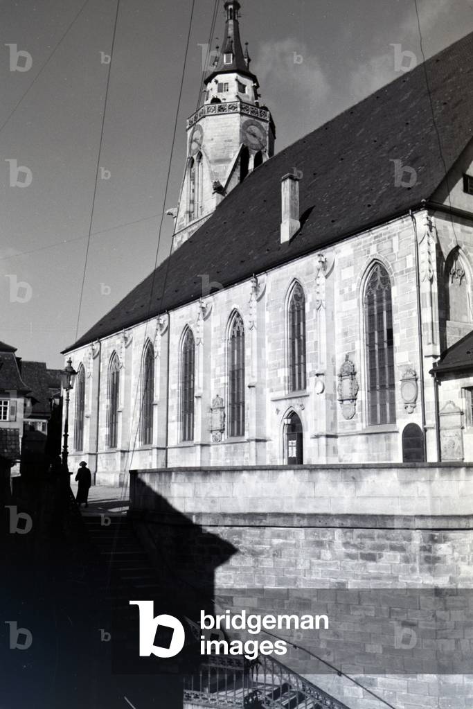 The Stiftskirche, abbey church and the tower in Tübingen, Germany 1930s (b/w photo)