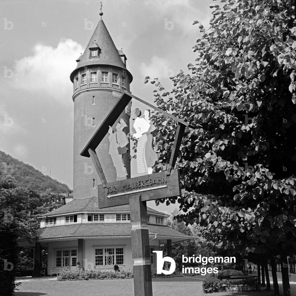 Directory to the Malbergbahn train and Quellenturm tower at Bad Ems, Germany 1930s (b/w photo)