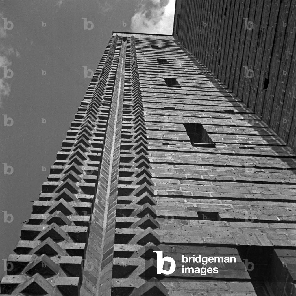 Bricks at one tower at the inner courtyard at the Tannenberg monument near Hohenstein in East Prussia, Germany 1930s (b/w photo)