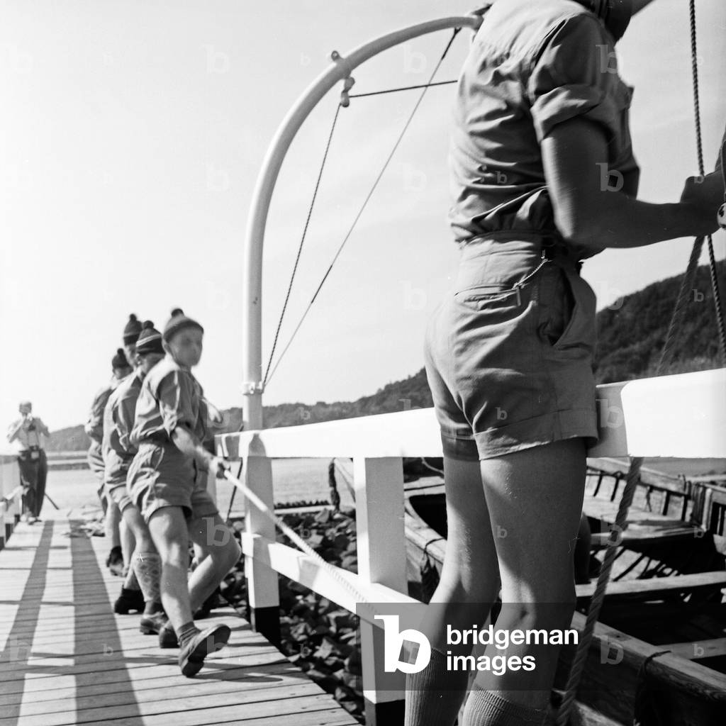 Pupils exercising at an educational ship of the navigation school Falkenstein at Hamburg Blankenese, Germany 1950s