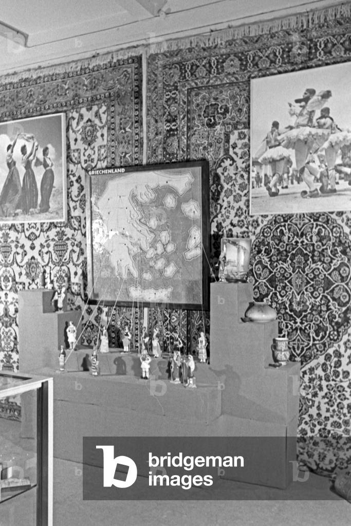 Booth of Greece at the Leipzig trade show, Germany 1940s (b/w photo)