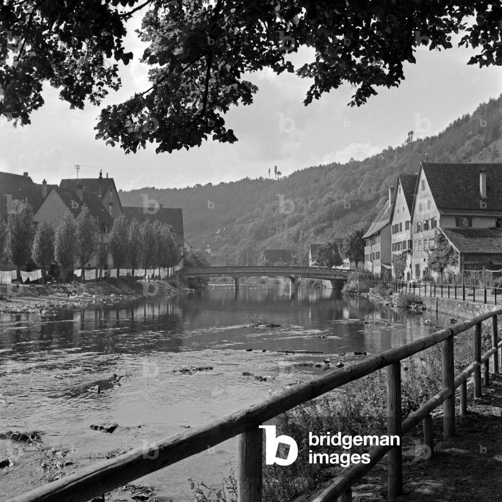 Impression from the shore of river Neckar at Sult, Germany 1930s (b/w photo)