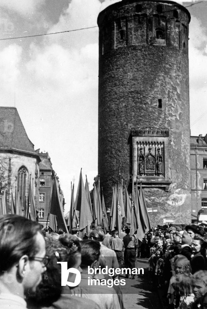 1st of May rally with parade in front of Frauenturm tower at Goerlitz, GDR 1950s