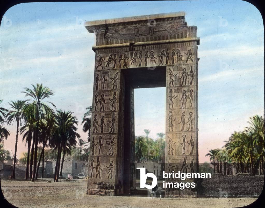 Upper Egypt, Karnak, temple complex, back side of Pylon with hieroglyphics, image date: circa 1910. Carl Simon Archive
