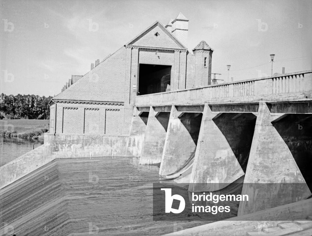 The powerhouse at river Alle near Friedland, East Prussia, 1930s (b/w photo)