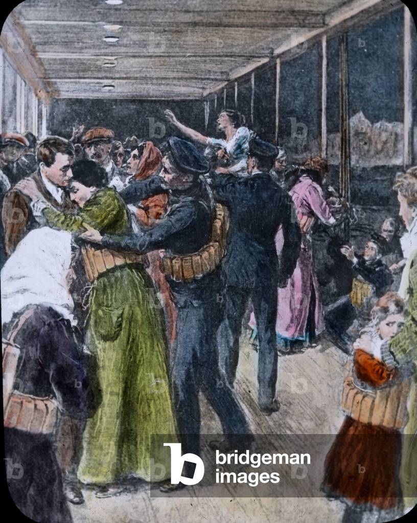 The maiden Voyage of the Titanic 1912, Titanic disaster-, passengers on board after collision, illustration - Carl Simon, hand coloured glass slide