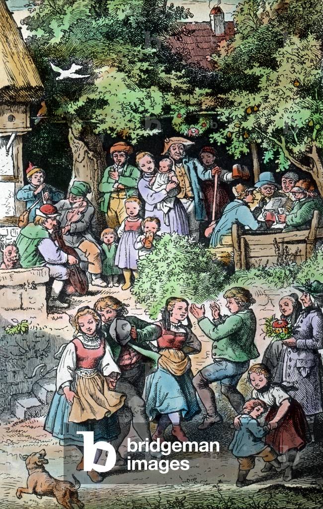 Engraving depicting the dance after harvesting time, Germany 1920s