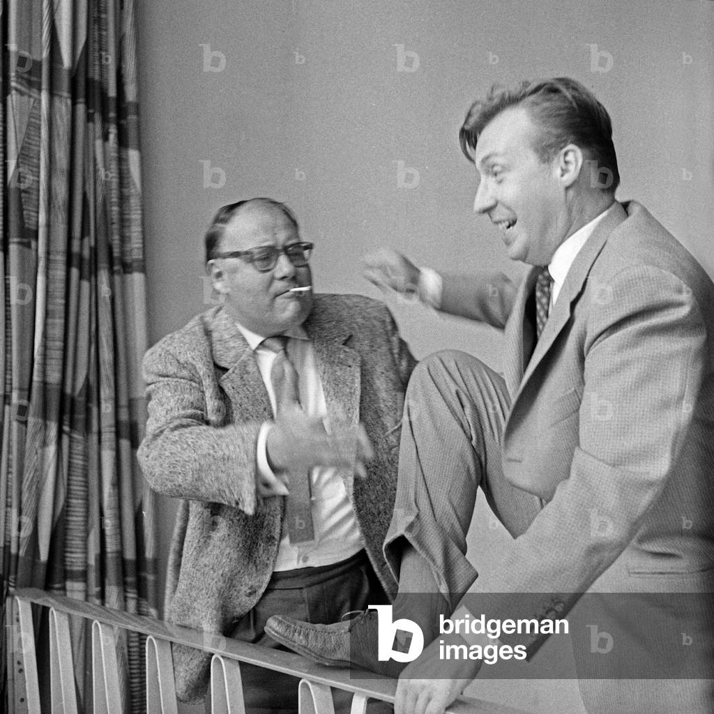 German actors Heinz Erhardt and Peter Alexander being silly while a production break, Germany 1950s