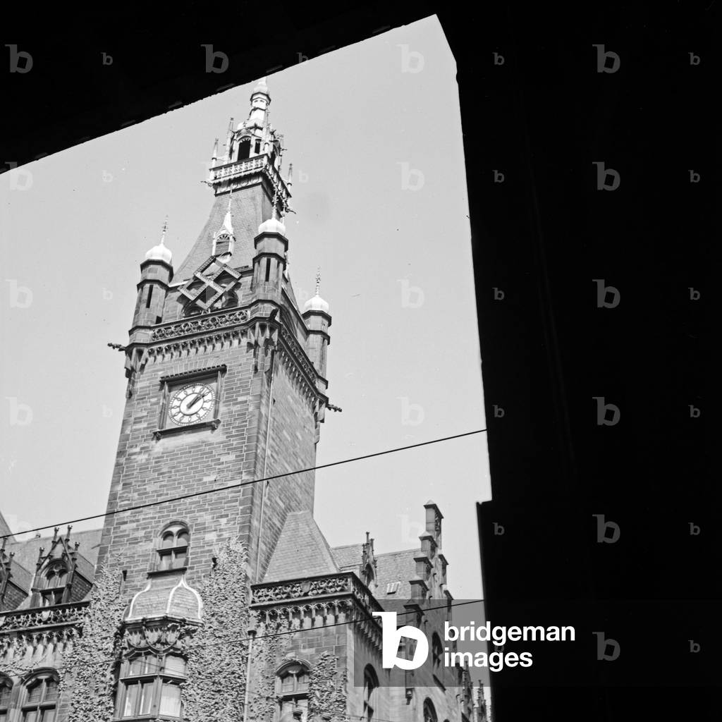 Clock tower of Elberfeld city hall, Germany 1930s (b/w photo)