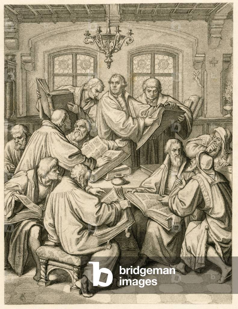 The translation of the Bible, 1850s (engraving)