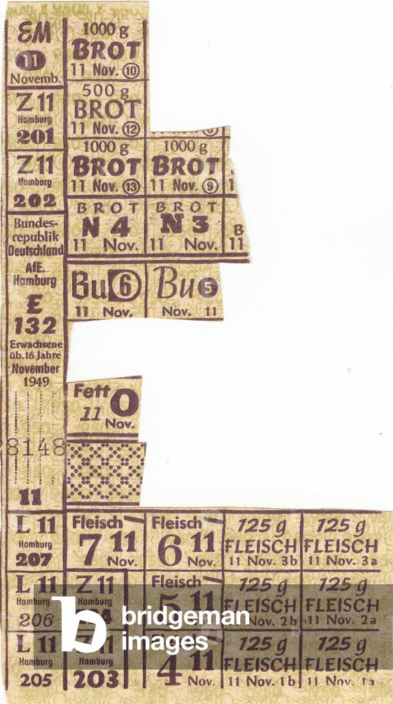 Federal Republic of Germany , Hamburg , food ration card for adults over 16 years , valid in November 1949 , most of the stubes are cutted out. Keywords : FRG , Germany , postwar era , the Second World War , WW II , rationing , providing , poverty , plight , misery , economy , history , at the end of the forties of the twentieth century