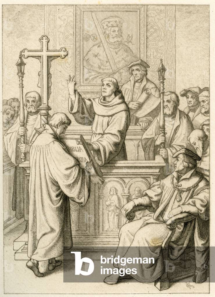 Martin Luther is doctorate to the Holy Bible, 1850s (engraving)