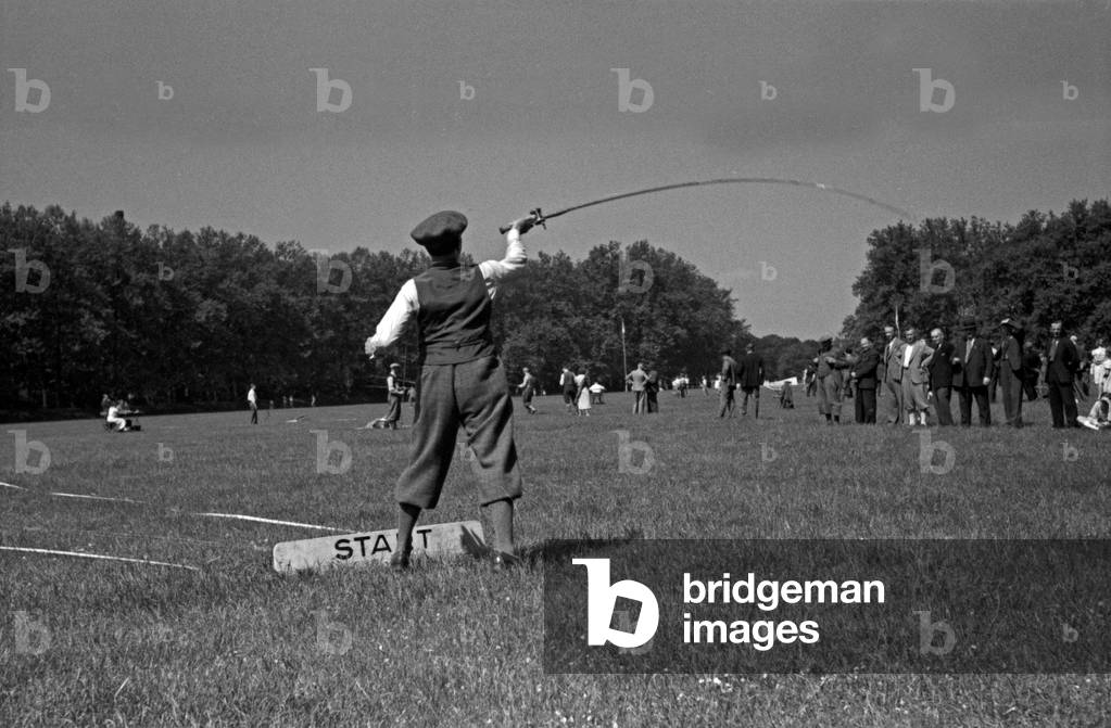 A man doing a fry run in angling at a lawn, Germany 1930s (b/w photo)