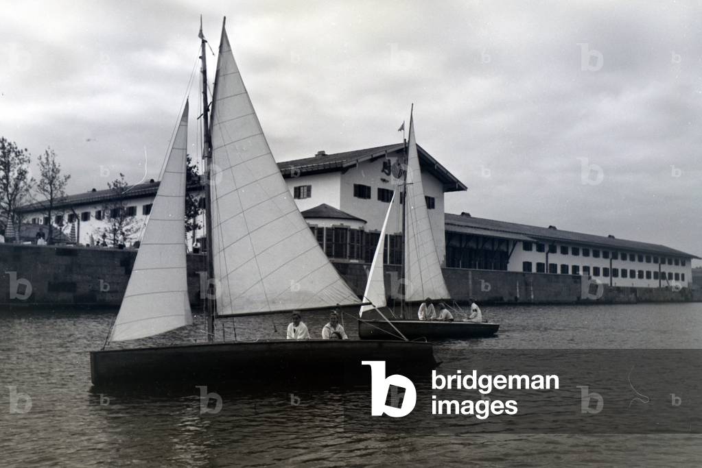 Sailing boats near the coast on the Chiemsee, Germany 1930s (b/w photo)