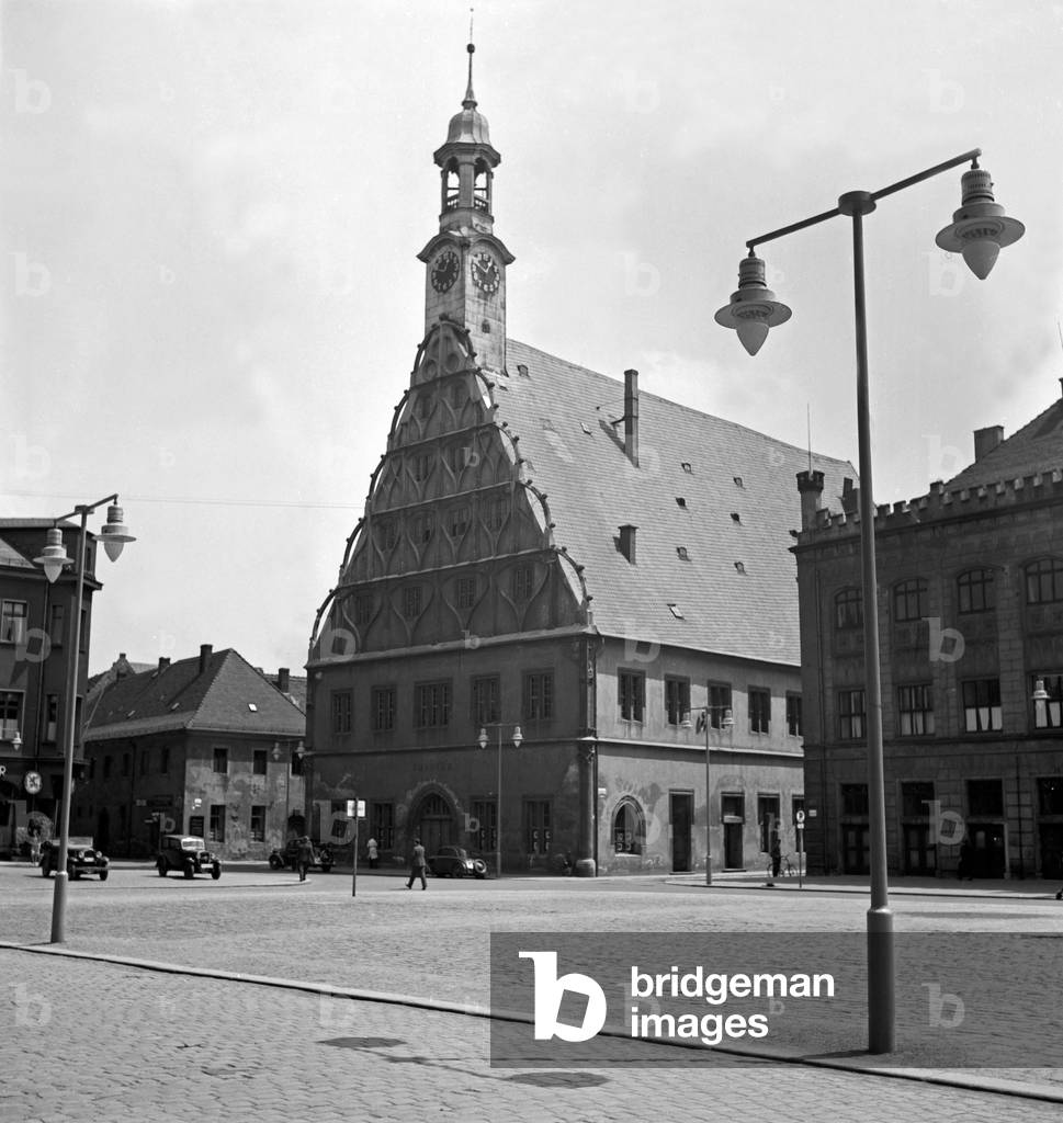 City hall and the guild hall in the old city of Zwickau, Germany 1930s (b/w photo)
