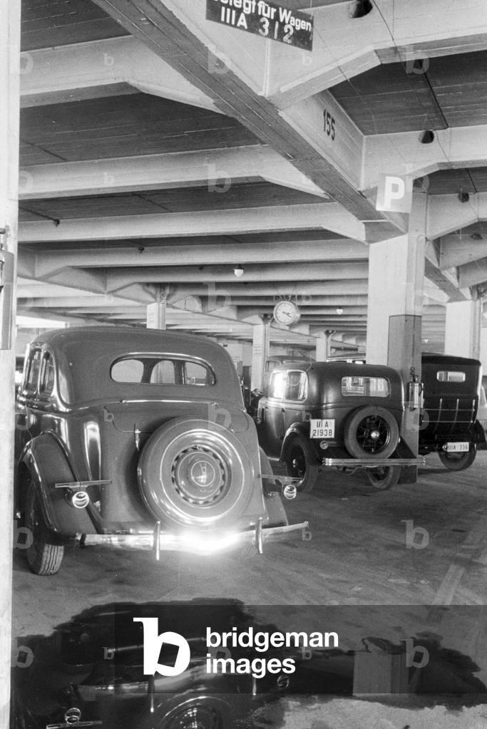 Parked cars in a car park in Stuttgart, Germany 1930s (b/w photo)