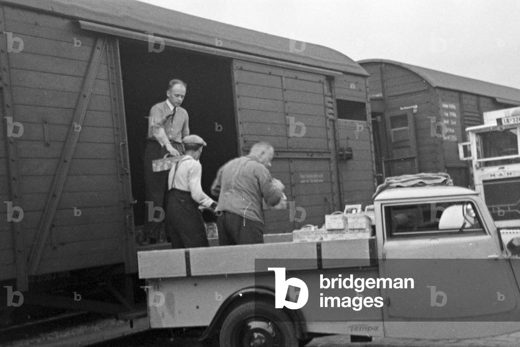 Loading trains with strawberry harvest at the station, Germany 1930s (b/w photo)