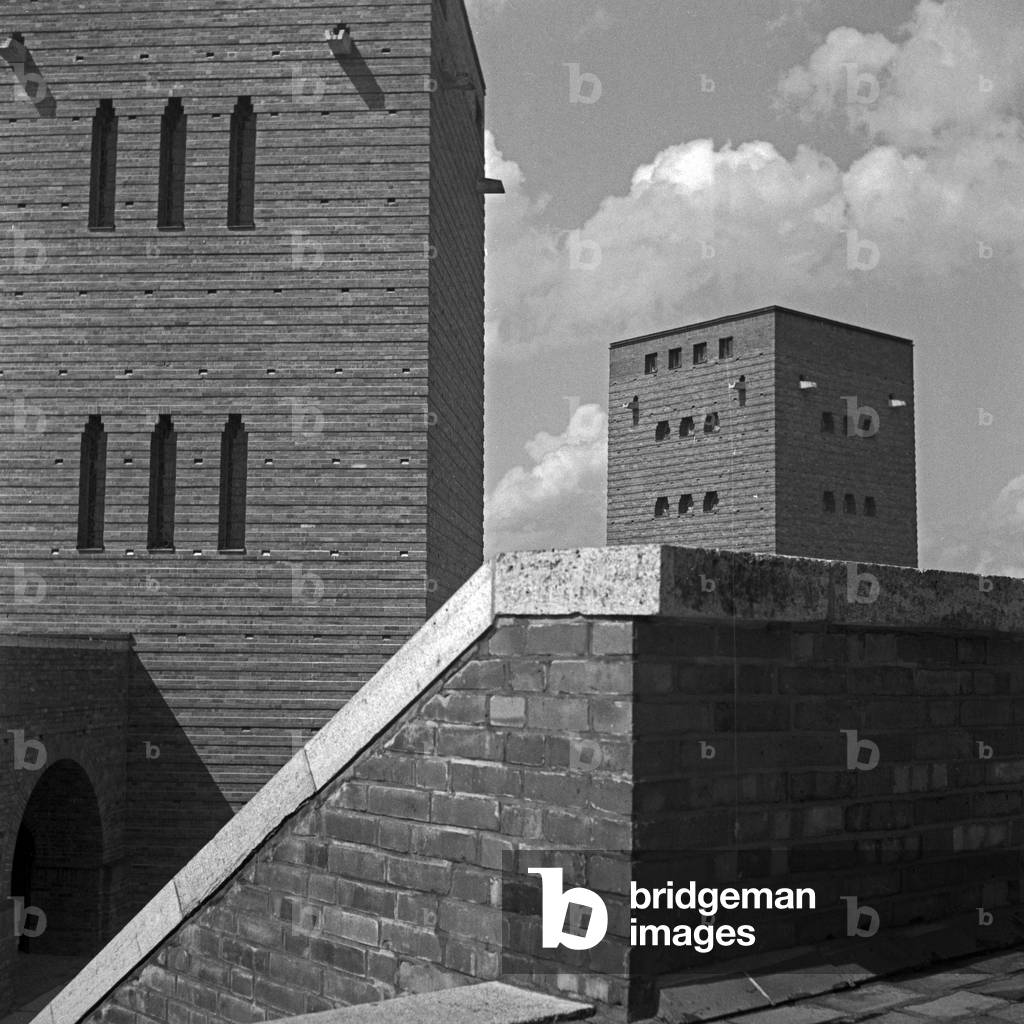 Towers and stairs at the inner courtyard at the Tannenberg monument near Hohenstein in East Prussia, Germany 1930s (b/w photo)
