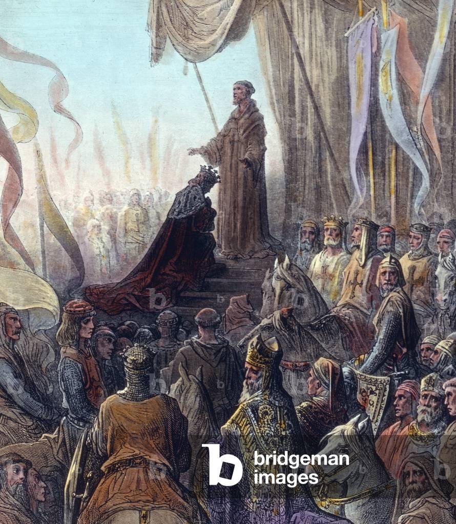 Louis VII kneels in front of St. Bernard