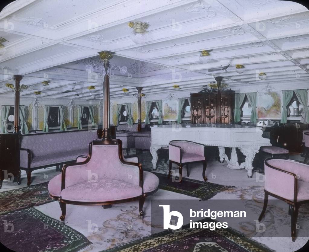 The maiden voyage of the Titanic - Luxury lounge on board of the Titanic liner. 10. April 1912. Carl Simon Archive
