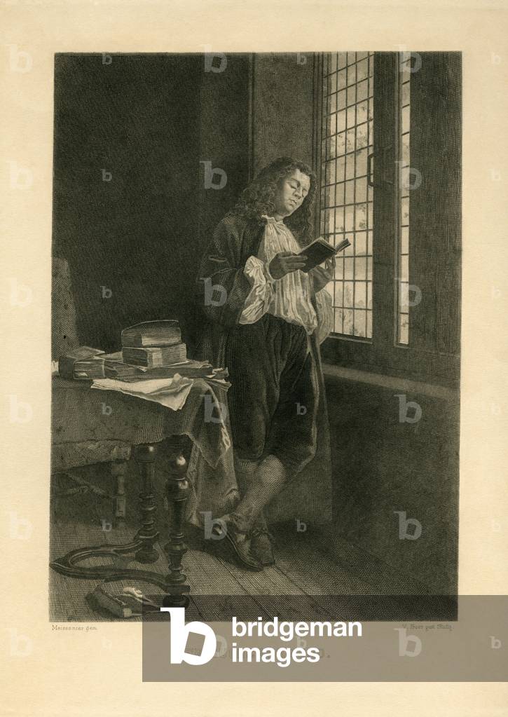 Der Buecherfreund (the book-lover), steel engraving from Veit Froer, around 1850