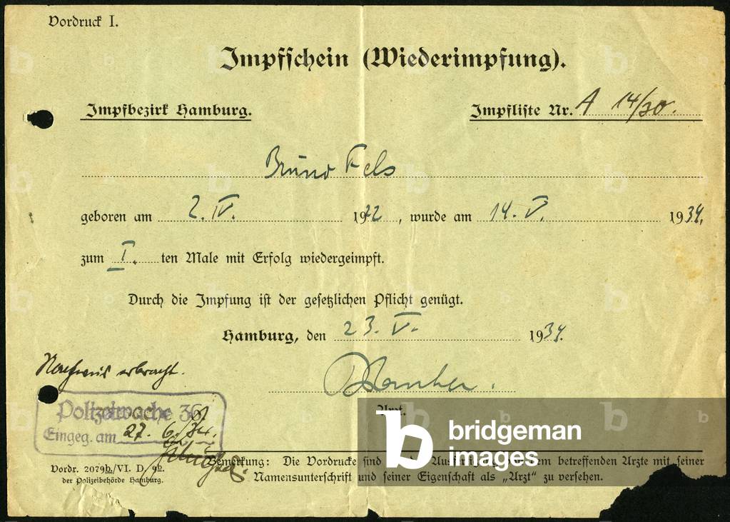 Germany, vaccination certificate, (the second vaccination), from 1934, front side