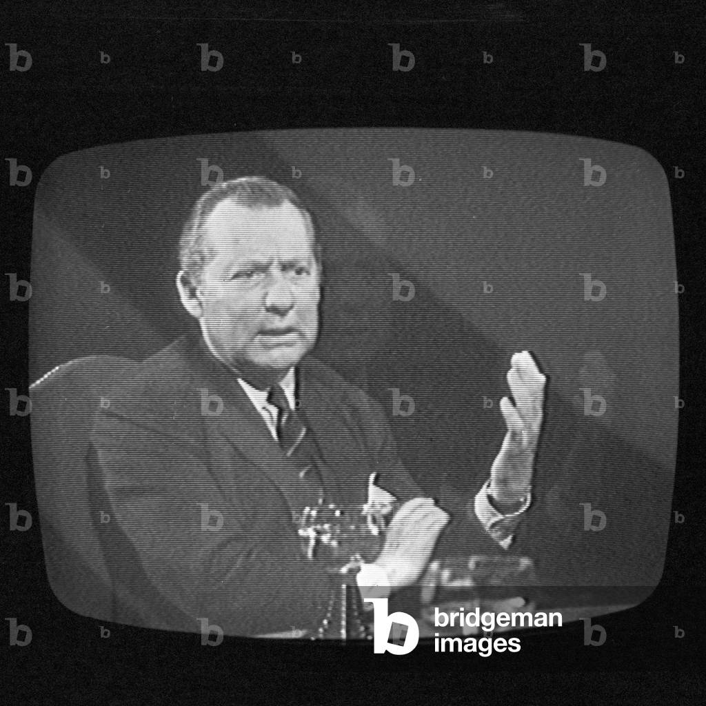 German newspaper editor Axel Caesar Springer in a TV show, Germany 1960s. Picture taken from the screen