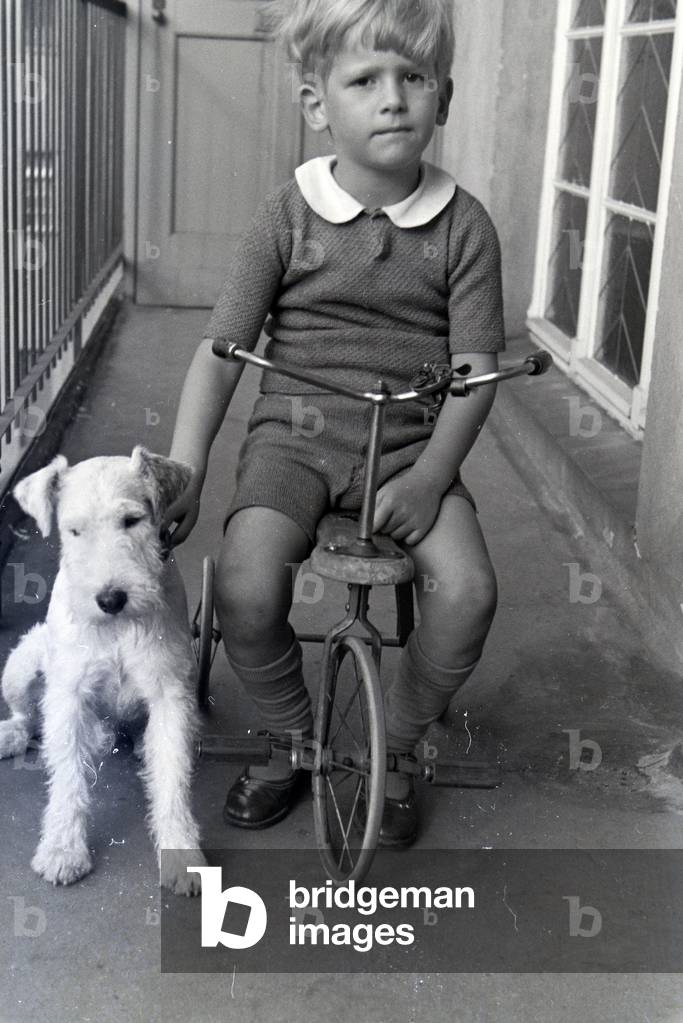 Boy on a three wheeler on a balcony holding a dog at his collar, Germany 1930s (b/w photo)