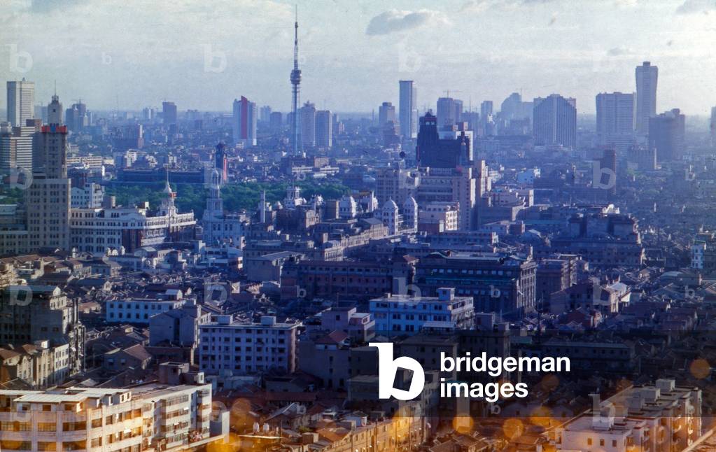 Bird's eye to the city of Shanghai, China 1960s