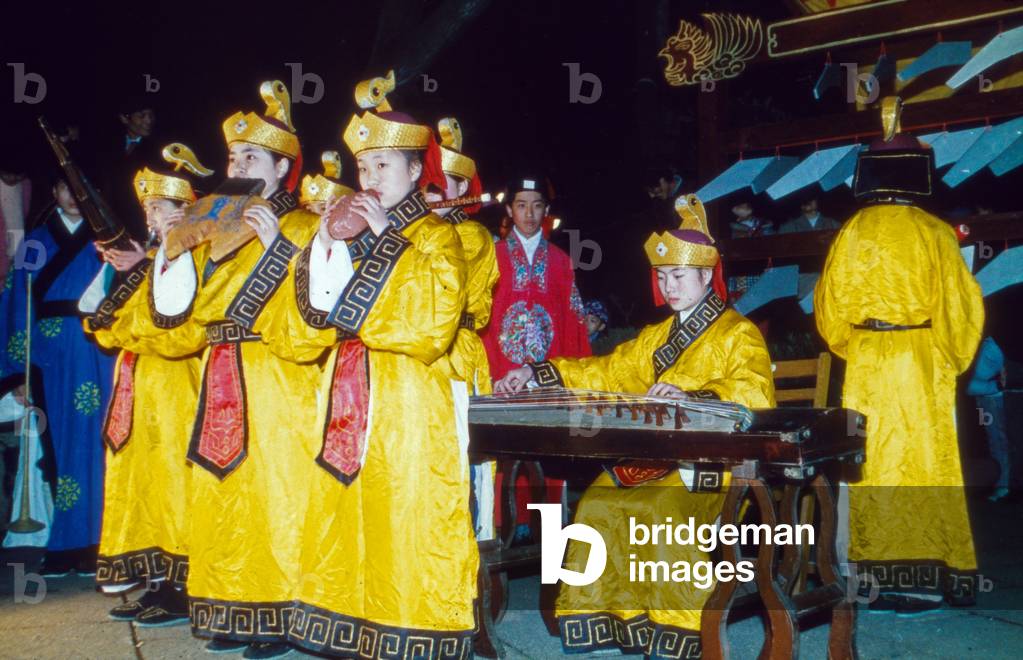 Performance of ancient Chinese music at Longhua temple of Shanghai, China 1960s