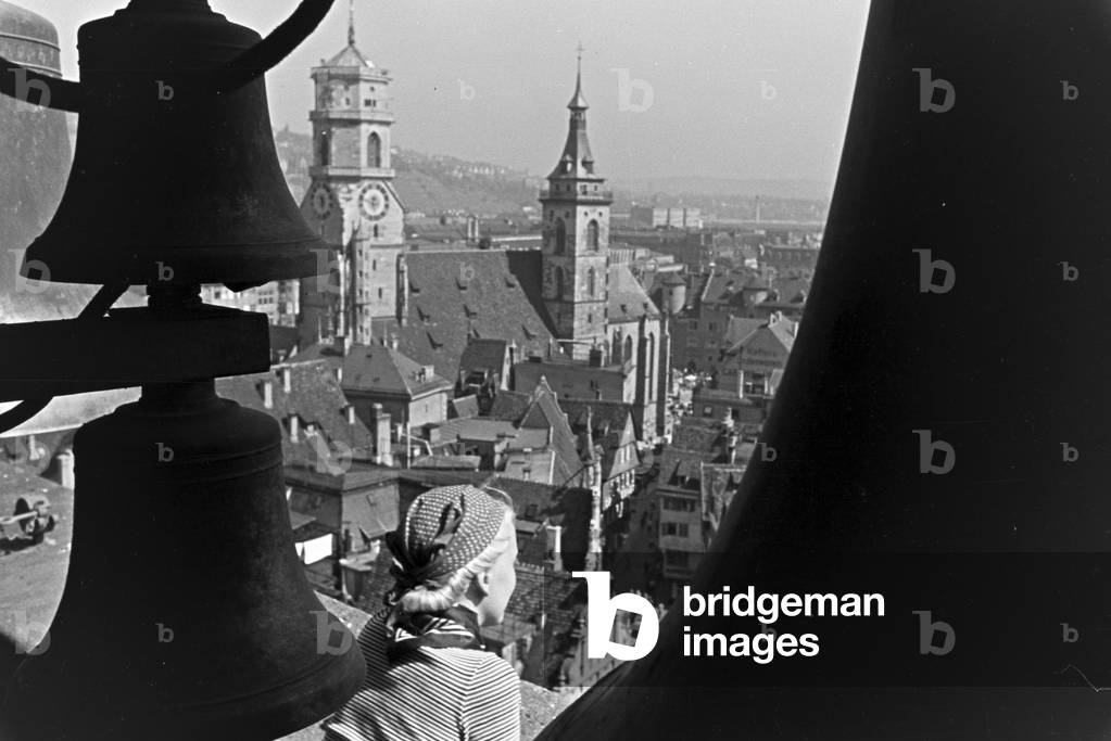 View over the inner city of Stuttgart from the old townhall that was destroyed during the Second World War, Germany 1930s (b/w photo)