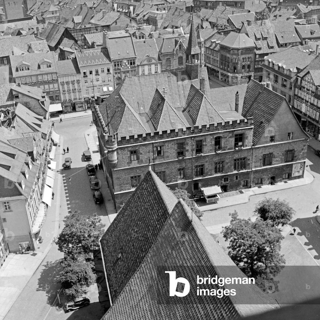 Aerial view to the old city hall and the old city of Goettingen, Germany 1930s (b/w photo)
