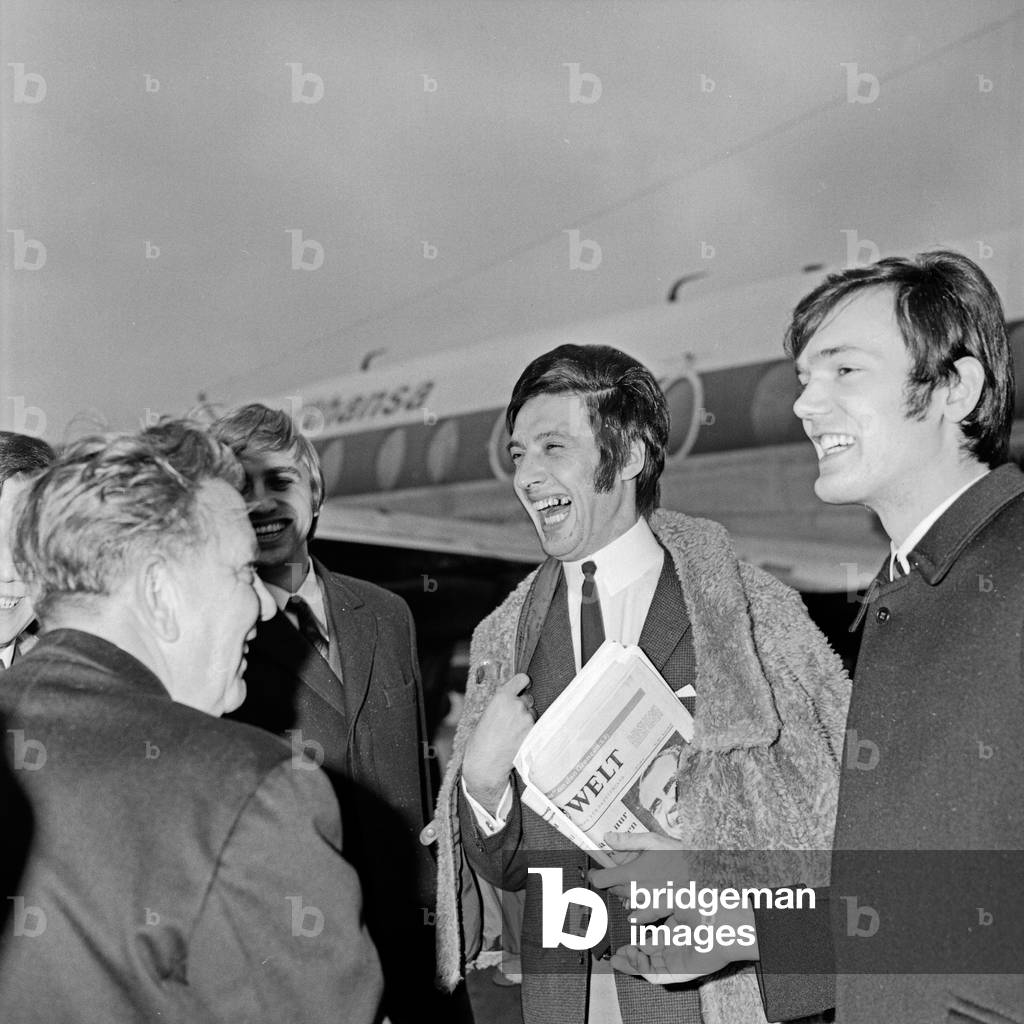 DJs (l to r) Dieter Wilken, Horst Reiner and Udo Klein arriving at Hamburg airport to launch a pirate radio station on the vessel 