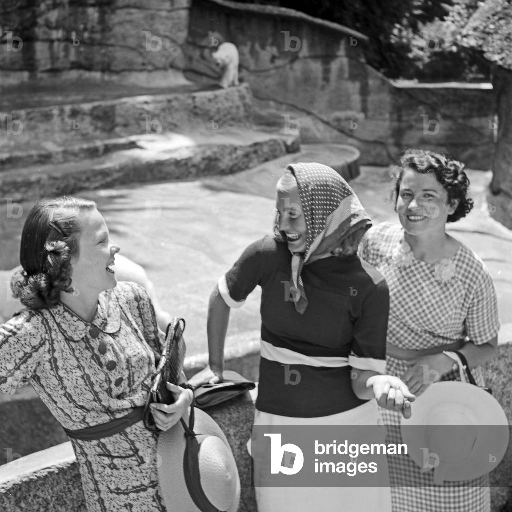 Three young woman visiting a zoological garden and see the polar bear's compound, Germany 1930s (b/w photo)