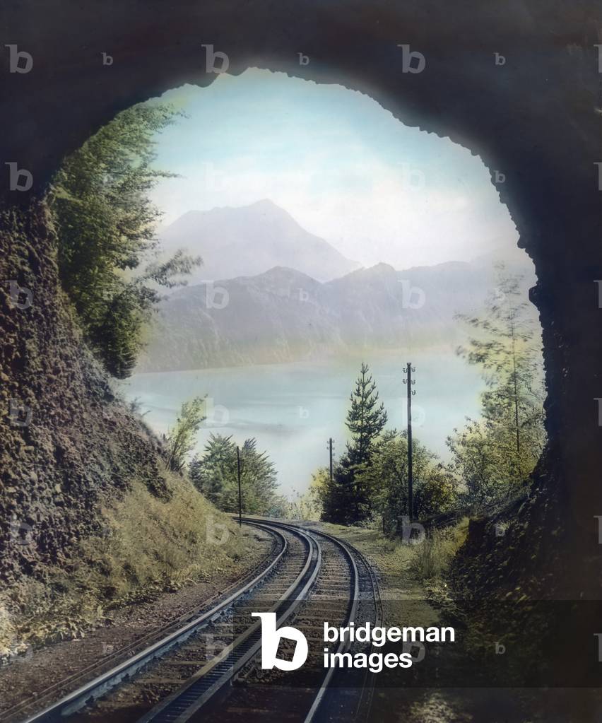 View to a tunnel exit of the Rigi railway in Switzerland, c.1910s