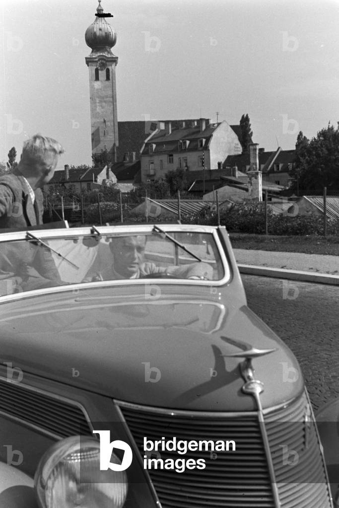 On Mangfallbruecke bridge near Weyarn in Bavaria, Germany 1930s (b/w photo)