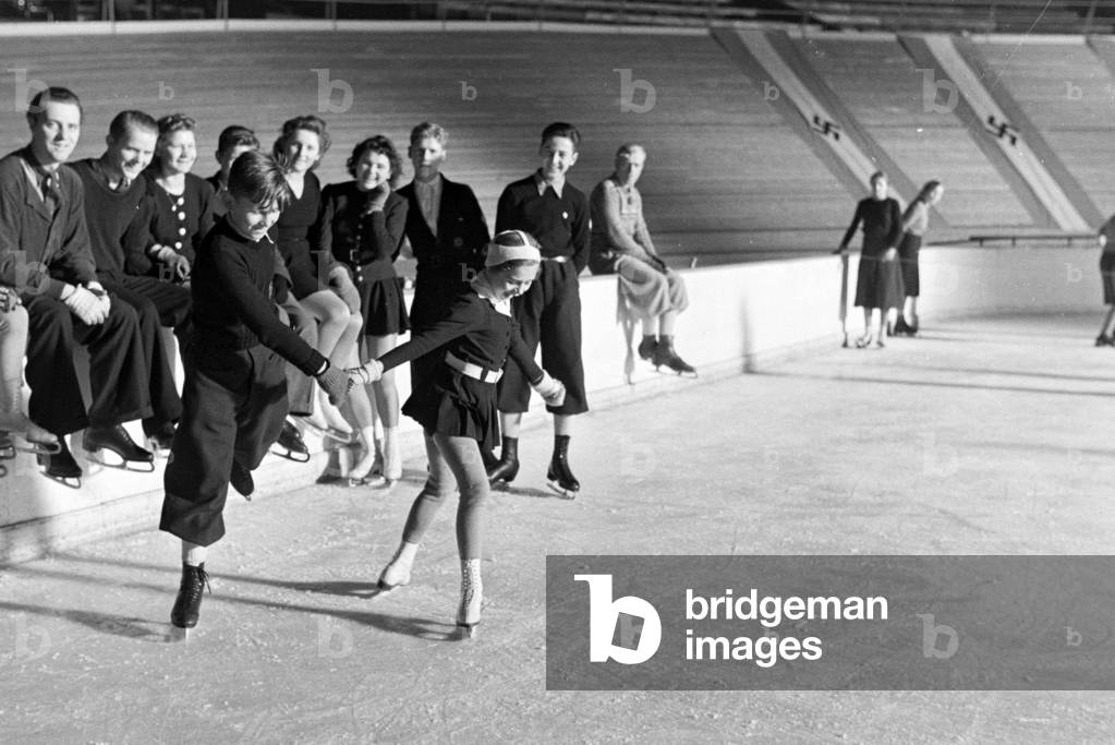 A group of Hitler Youth members during a training, coached by the Austrian figureskater and Olympics champion Karl Sch/Sfer in an ice stadium in Dortmund, Germany 1930s