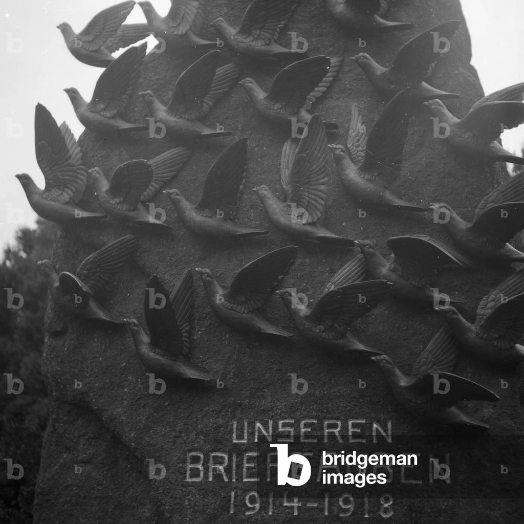 Monument for the carrier pigeons and their uits fot WWI, Germany 1930s (b/w photo)