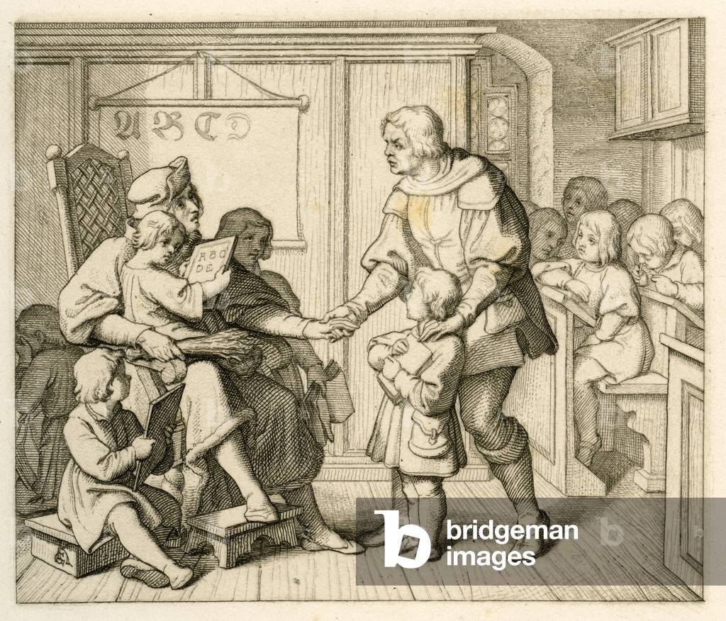 Martin Luthers enrolment at school in Mansfeld, in this illustration together with his father Hans, 1850s (engraving)