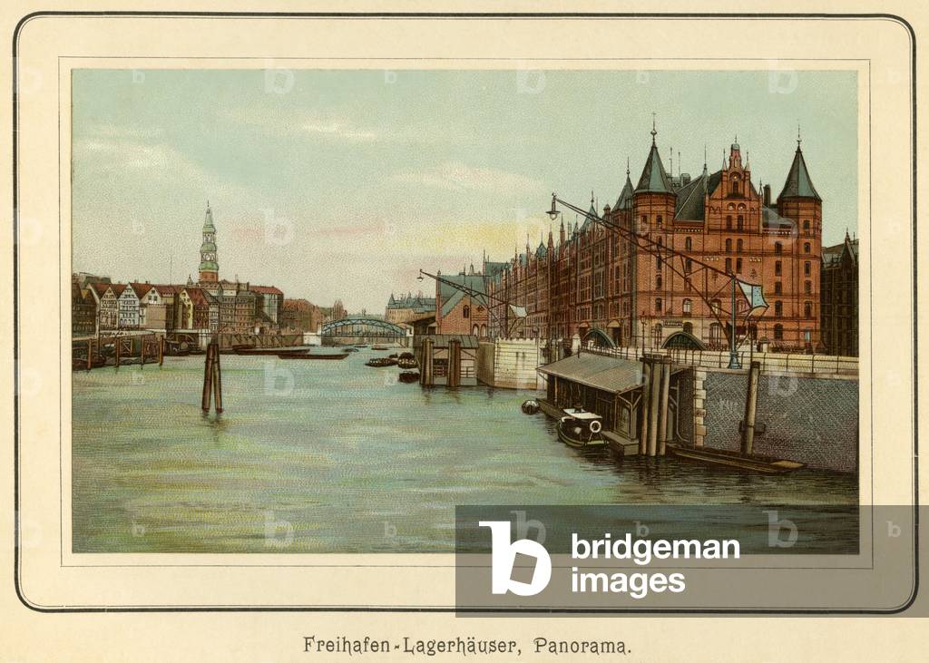 Germany, Hamburg, storehouses in the harbour near the Zollkanal (canal) , in the background St. Catherine's Church, illustration from : 